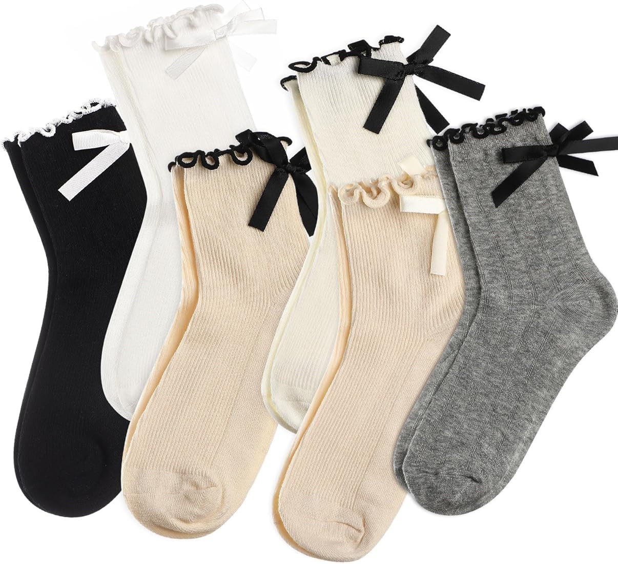 Syhood 6 Pairs Women Bow Socks Ruffle Casual Crew Black White Grey Cotton Soft Breathable Ankle S... | Amazon (US)