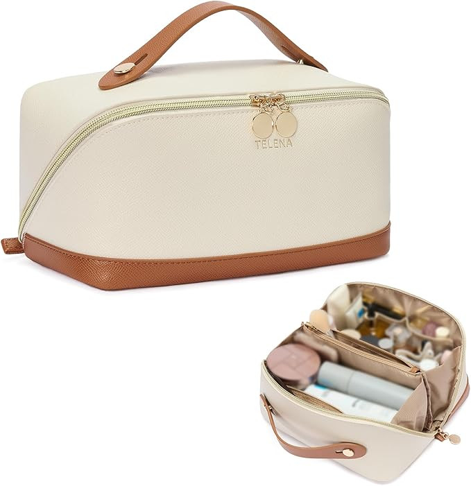 Telena Leather make up bag Large Capacity travel makeup bag cosmetic bag with Handle and Divider ... | Amazon (US)