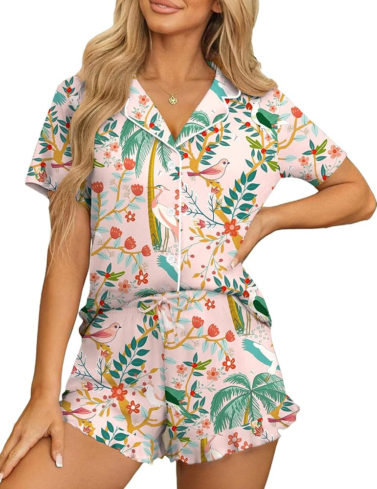 Ekouaer Womens Pajama Sets Button Down Short Sleeve Top and Shorts Cute Pjs Sets Sleepwear | Amazon (US)