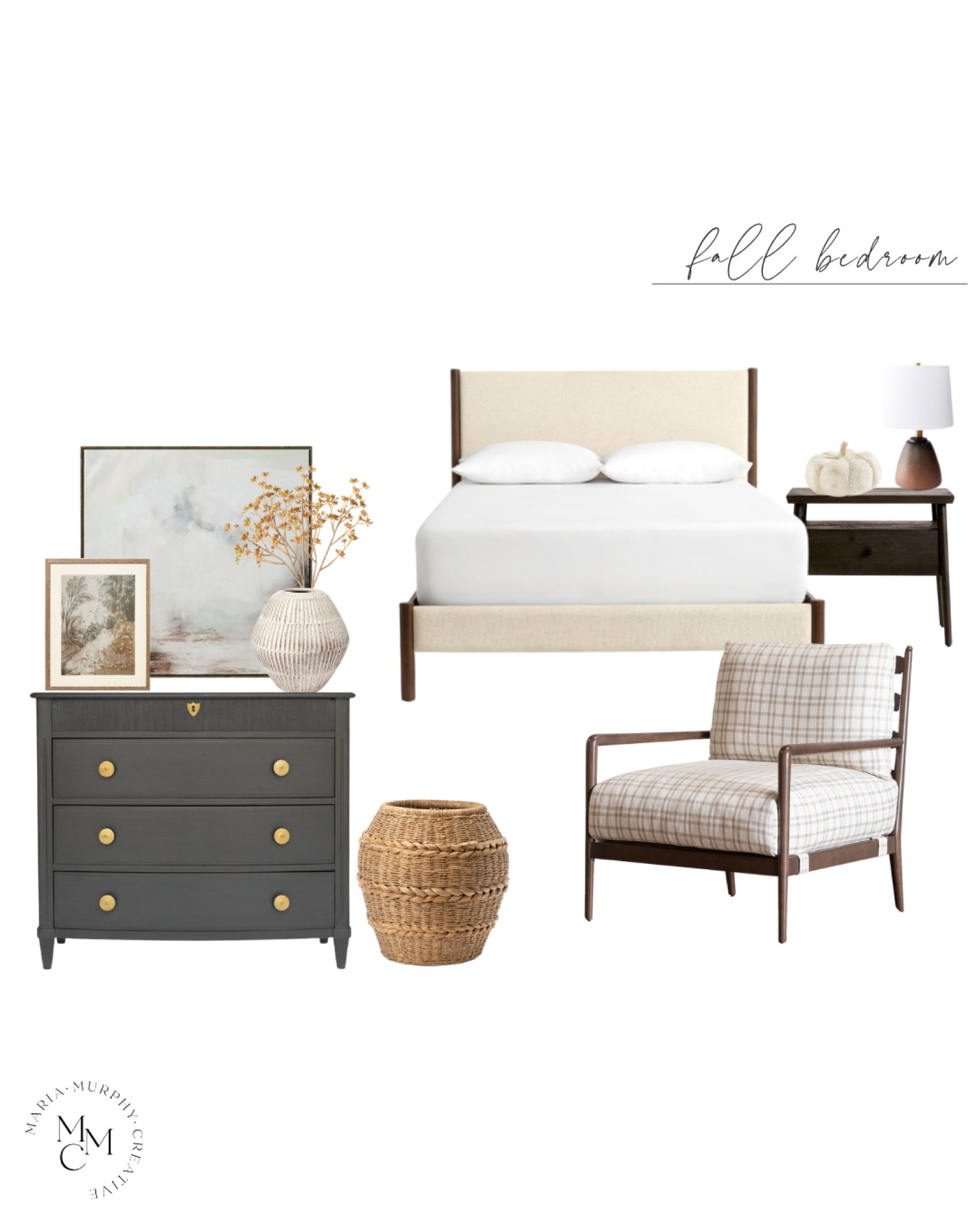 Fall bedroom design board featuring fall decor, plaid upholstered chair, nightstand, dresser and more!

#LTKhome