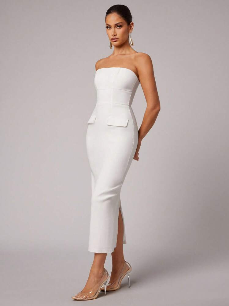 Silquee Autumn Elegant High-End Series, Commuter Series Women's Business Casual Solid Color Women's Elegant Solid Color Slim Dress White Long Dress White Tube Top Dress White Flap Decoration Back Center Slit Design Hidden Stretch Woven Elegant Dress Slim Suit Sexy Office Teacher Dress,All White Party Outfit Women,Old Money Style Women,Fall Women Clothes,Back To School Clothes,Going Out Women,Going Out Outfits,Date Night Outfits Women | SHEIN