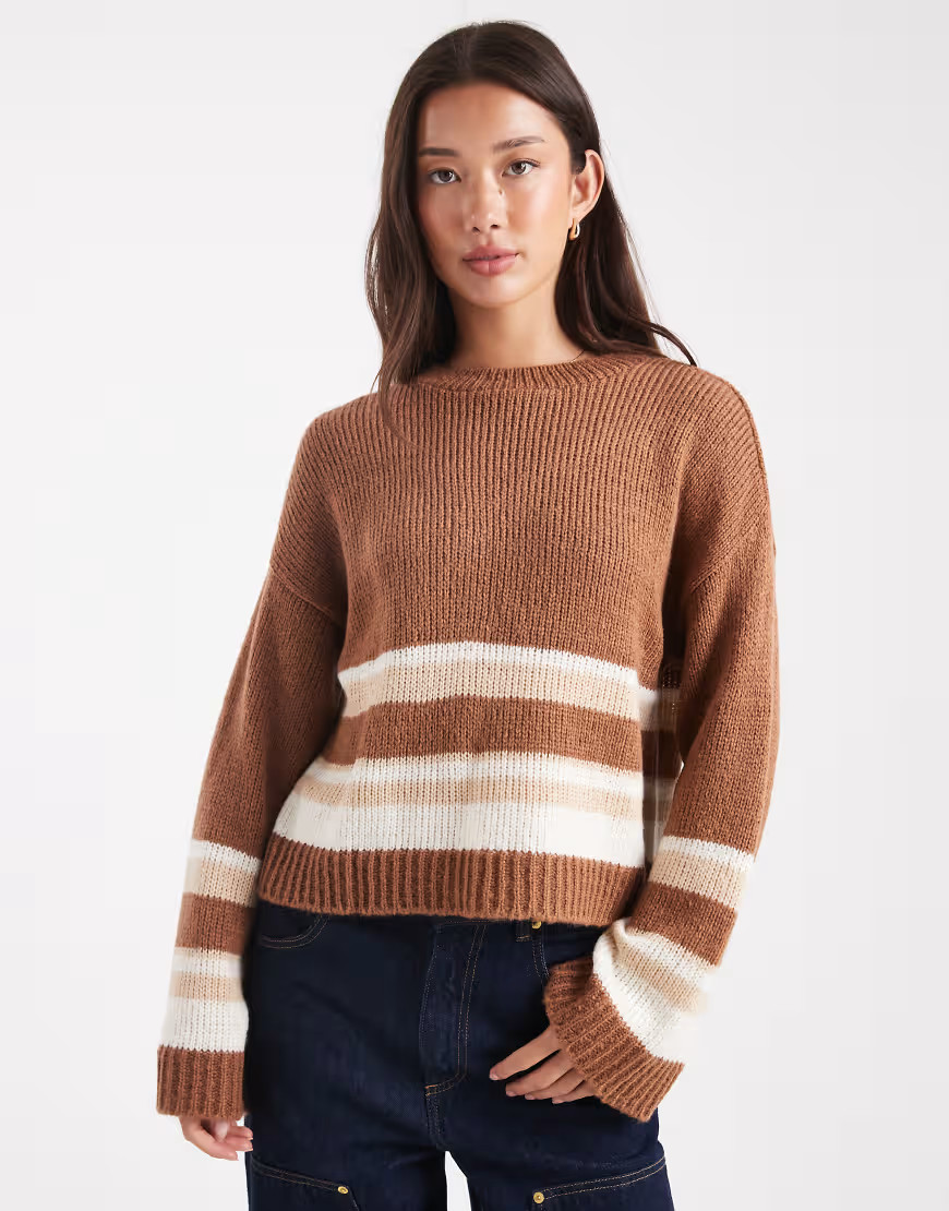 ASOS DESIGN – Locker geschnittener Strickpullover in Beige mit Streifen-Neutral | ASOS (Global)