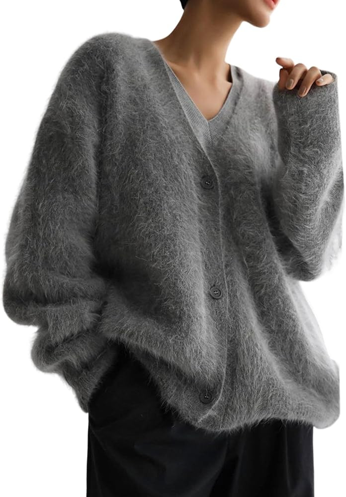 Yimoon Womens Fuzzy Cardigan Sweater V Neck Long Sleeve Button Down Slouchy Furry Knit Sweaters 2... | Amazon (US)