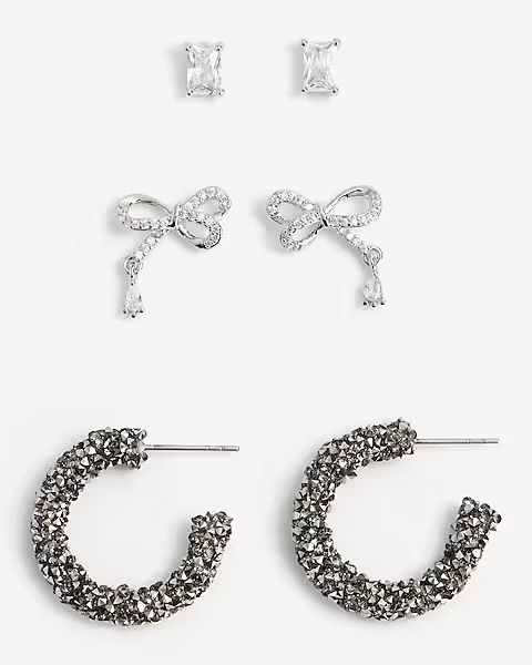 Set Of 3 Mixed Rhinestone Bow Stud Earrings | Express
