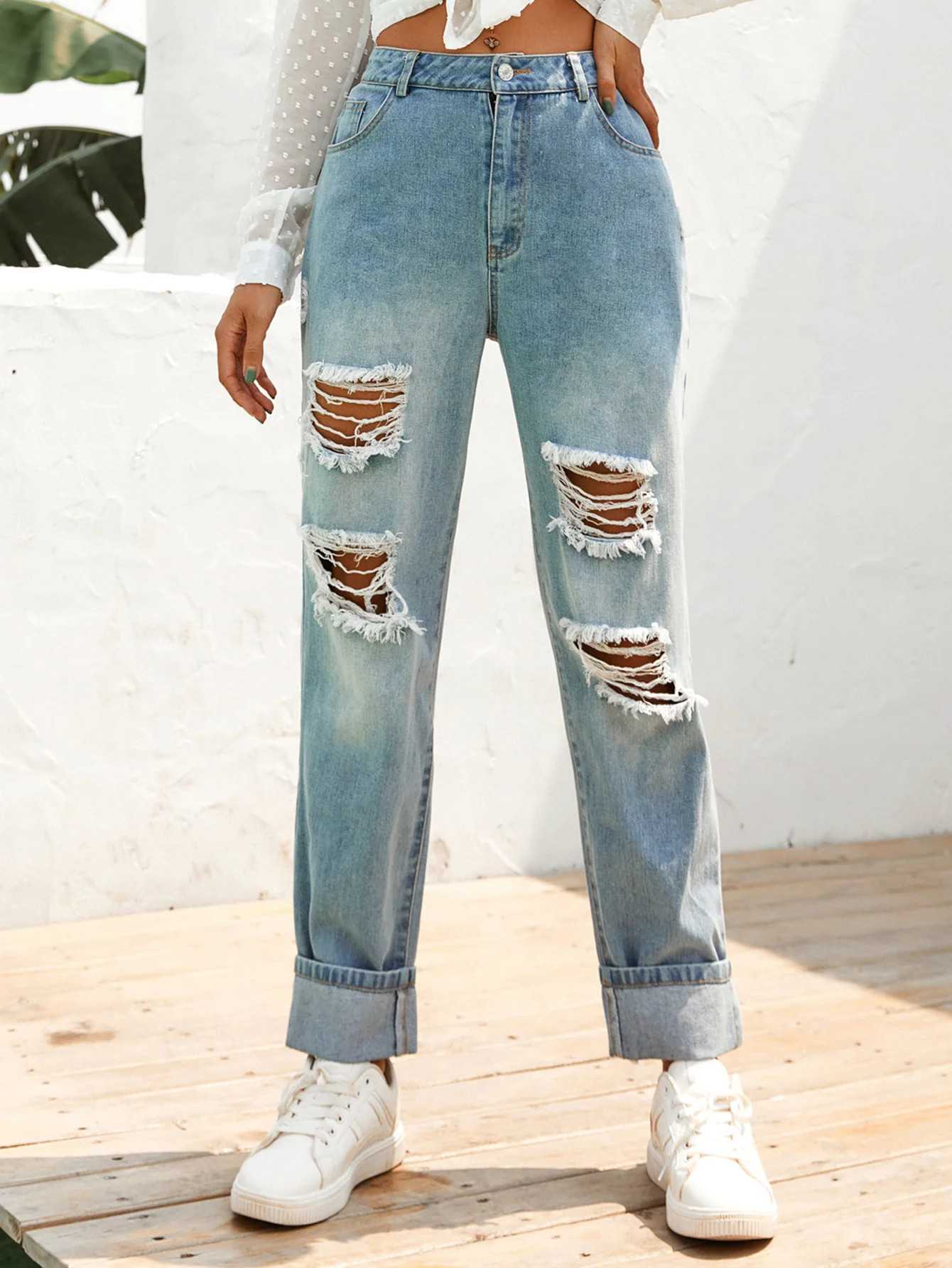 High Waist Ripped Stone Wash Straight Leg Jeans (L / Light blue) | 1Sansome