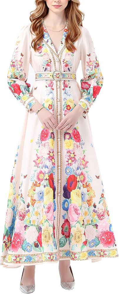LAI MENG FIVE CATS Women's Notch Lapels Puff Sleeve Floral Print Single Breasted Maxi Dress with ... | Amazon (US)