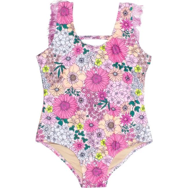 One Piece Fringe Back Swimsuit, Mod Floral Pink - Shade Critters Swim | Maisonette | Maisonette