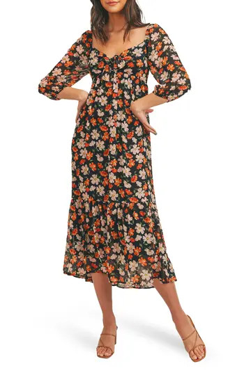 Long Sleeve Tie Front Tiered Floral Print Maxi Dress | Nordstrom Rack