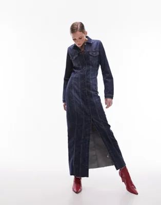 Topshop denim stretchy maxi shirt dress in indigo | ASOS (Global)