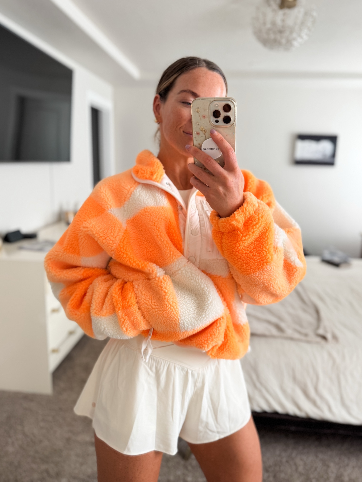 This fleece is like wearing the coziest blanket but looks cute! It is oversized. I’m 5’6 and wearing a small. 
Wearing a small in these Amazon shorts too. Color is “white apricot”! They are stretchy but don’t stretch out and the waist band holds you in and is super flattering! 

#LTKFitness