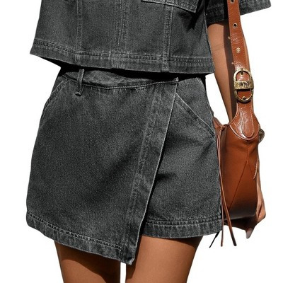 Clearlove Womens Denim Skorts High Waisted Casual Summer Asymmetrical Hem Stretchy Criss Cross Jean Skirt Shorts - Black Grey,S | Target
