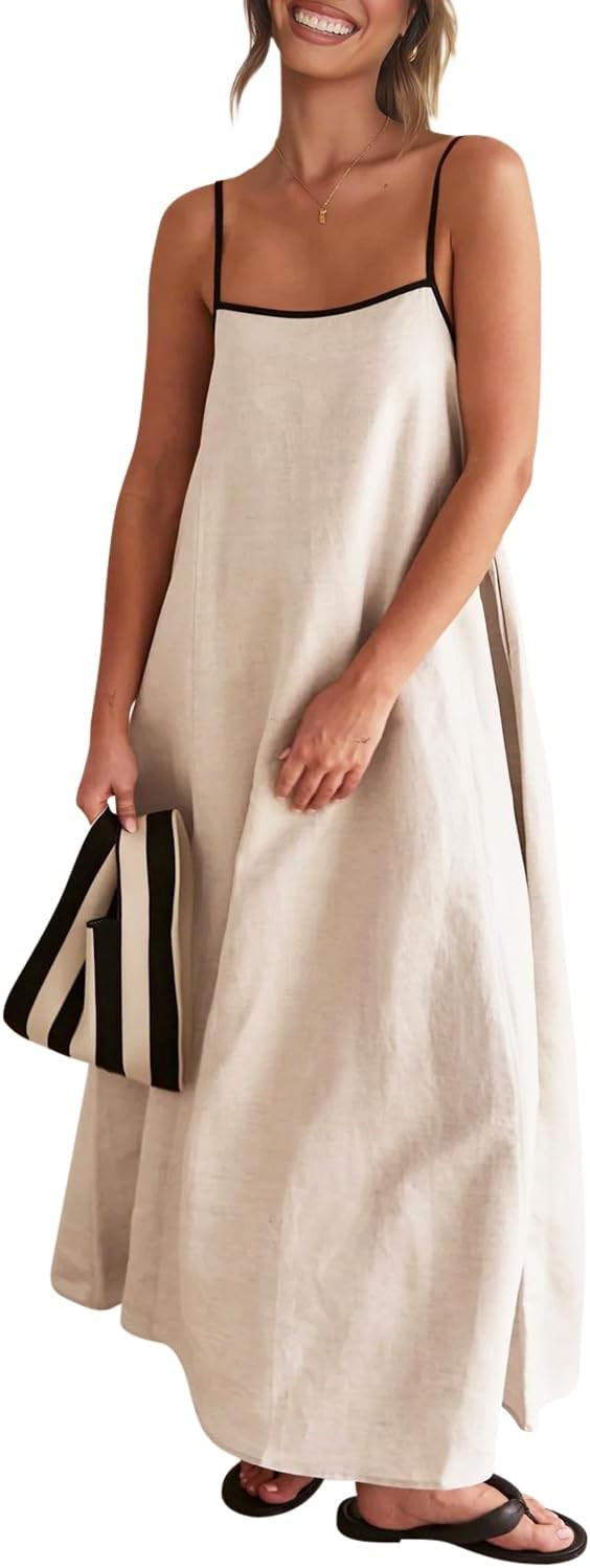 Shy Velvet Women's 2024 Summer Linen Maxi Dress Contrast Spaghetti Strap Dress Backless Sleeveles... | Amazon (US)