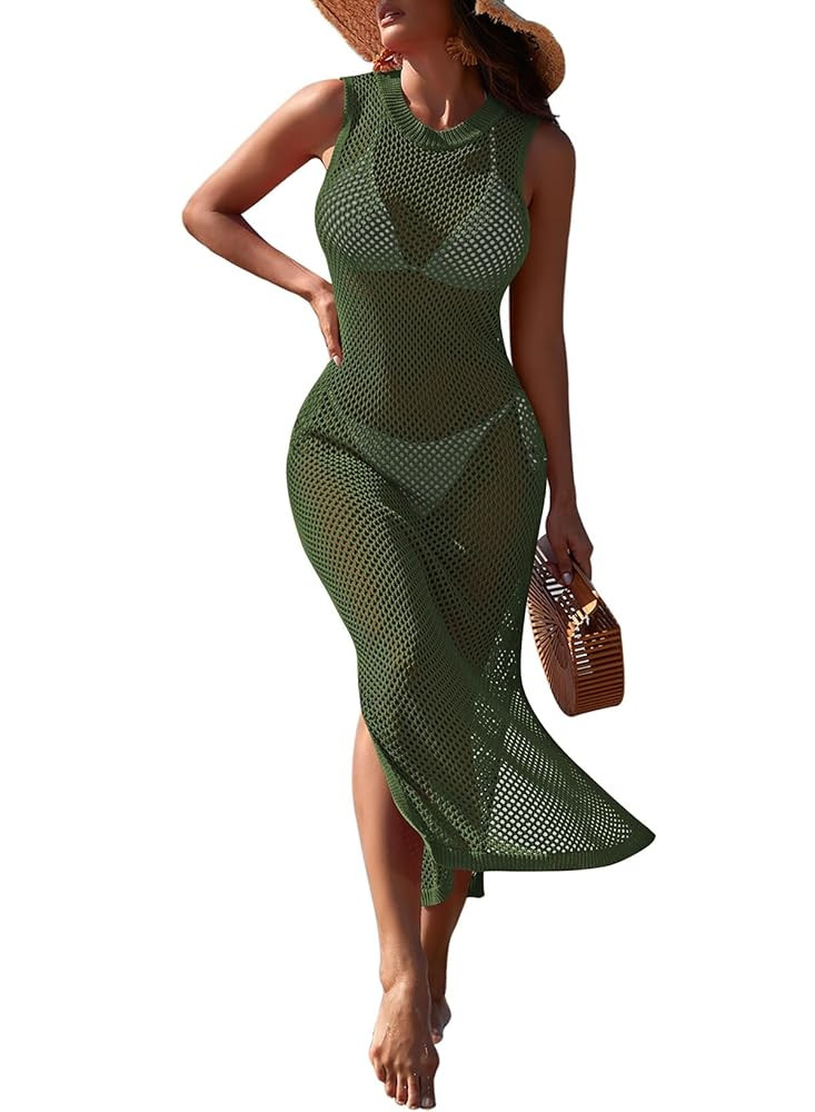 Pink Queen Women Swimsuit Cover Up Hollow Out Sleeveless Beach Maxi Dress Side Split Knit Bathing... | Amazon (US)