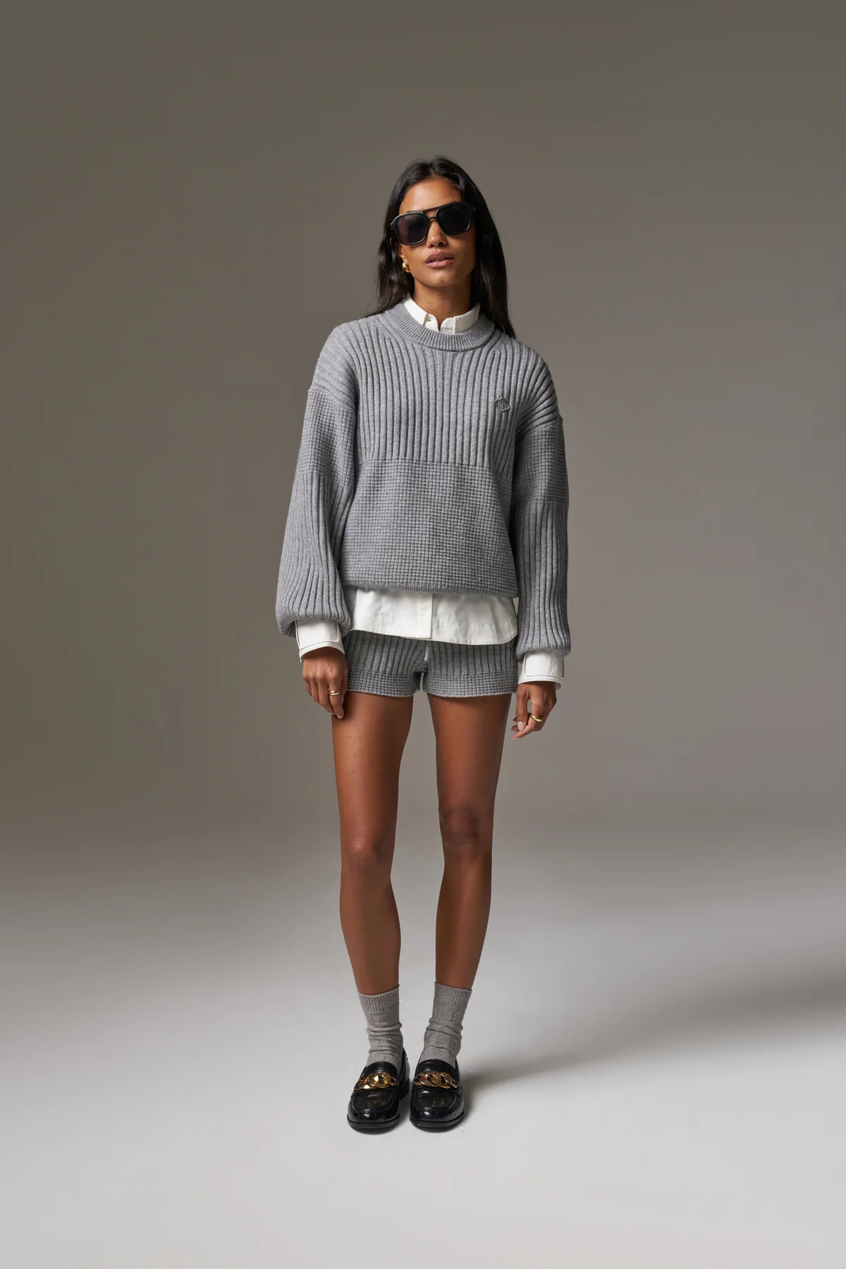 CONTRAST KNIT OVERSIZED CREW - GREY MARL | The Couture Club