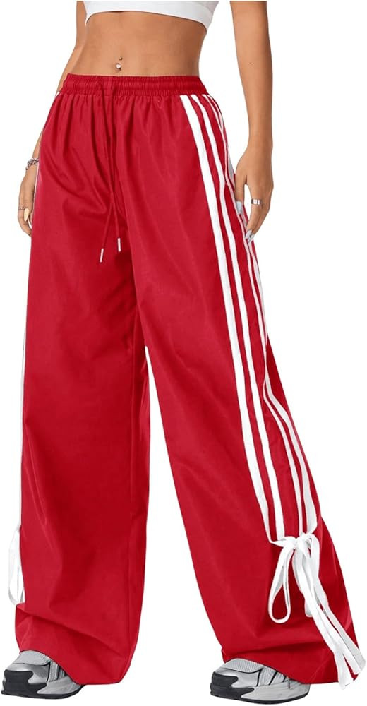 Women's Y2K Baggy Bow Wide Leg Pants Striped Track Elastic Waist Long Sweatpants Parachute Pants | Amazon (US)