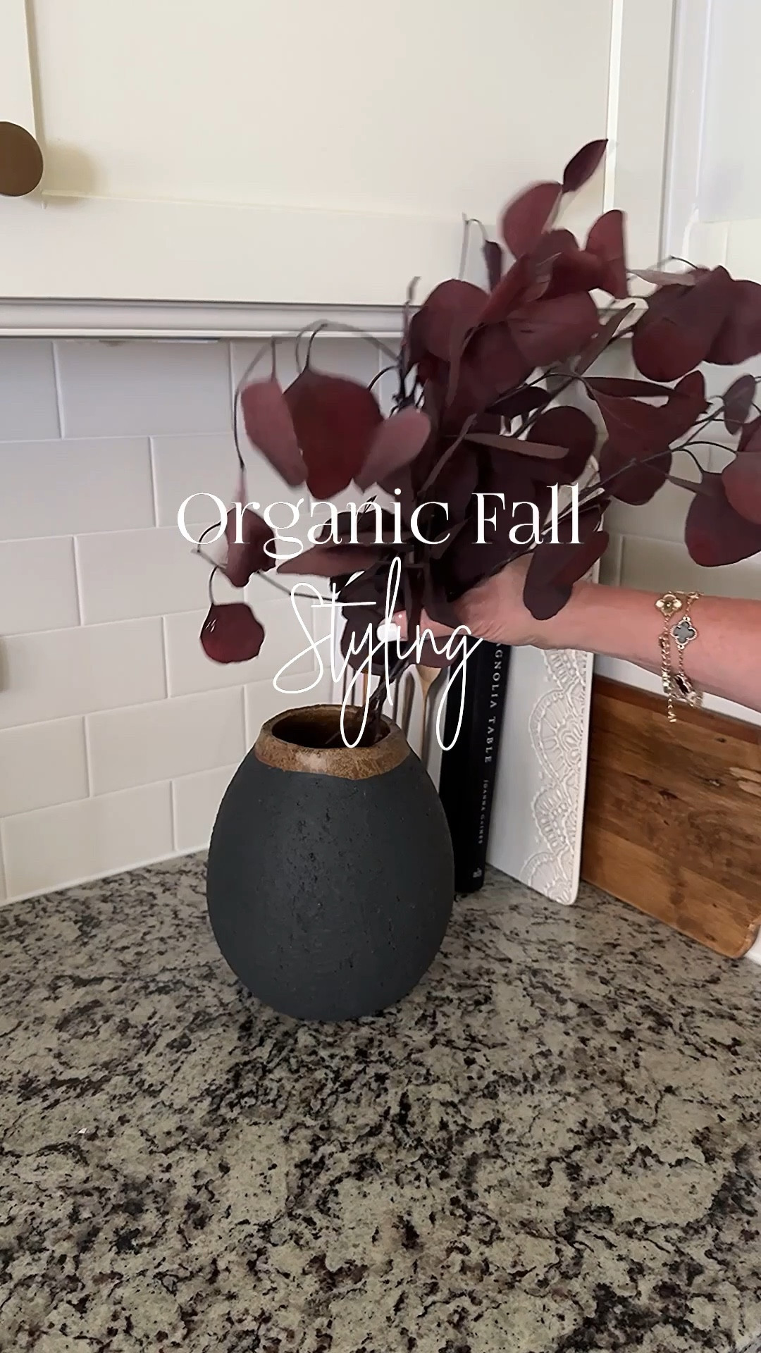 Fall Counter Styling!!

I love the organic rich tones of the eucalyptus, dried pomegranates and berry bowls. Perfect as I transition into fall🍂

Red eucalyptus, dried pomegranates, black vases, vintage cutting boards, marble boards, cookbook, vintage lace serving board, brass salt & pepper mills, marble salt bowl, textured pot holders, mini berry bowls, wood utensils, rosemary topiary, vintage wood bowl


#LTKSeasonal #LTKHome #LTKFindsUnder50