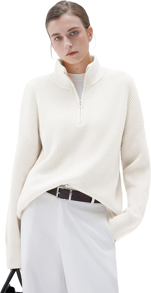 SUUKSESS Women Cashmere Oversized Quarter Zip Pullover Sweater Long Sleeve Collared Ribbed Knit J... | Amazon (US)