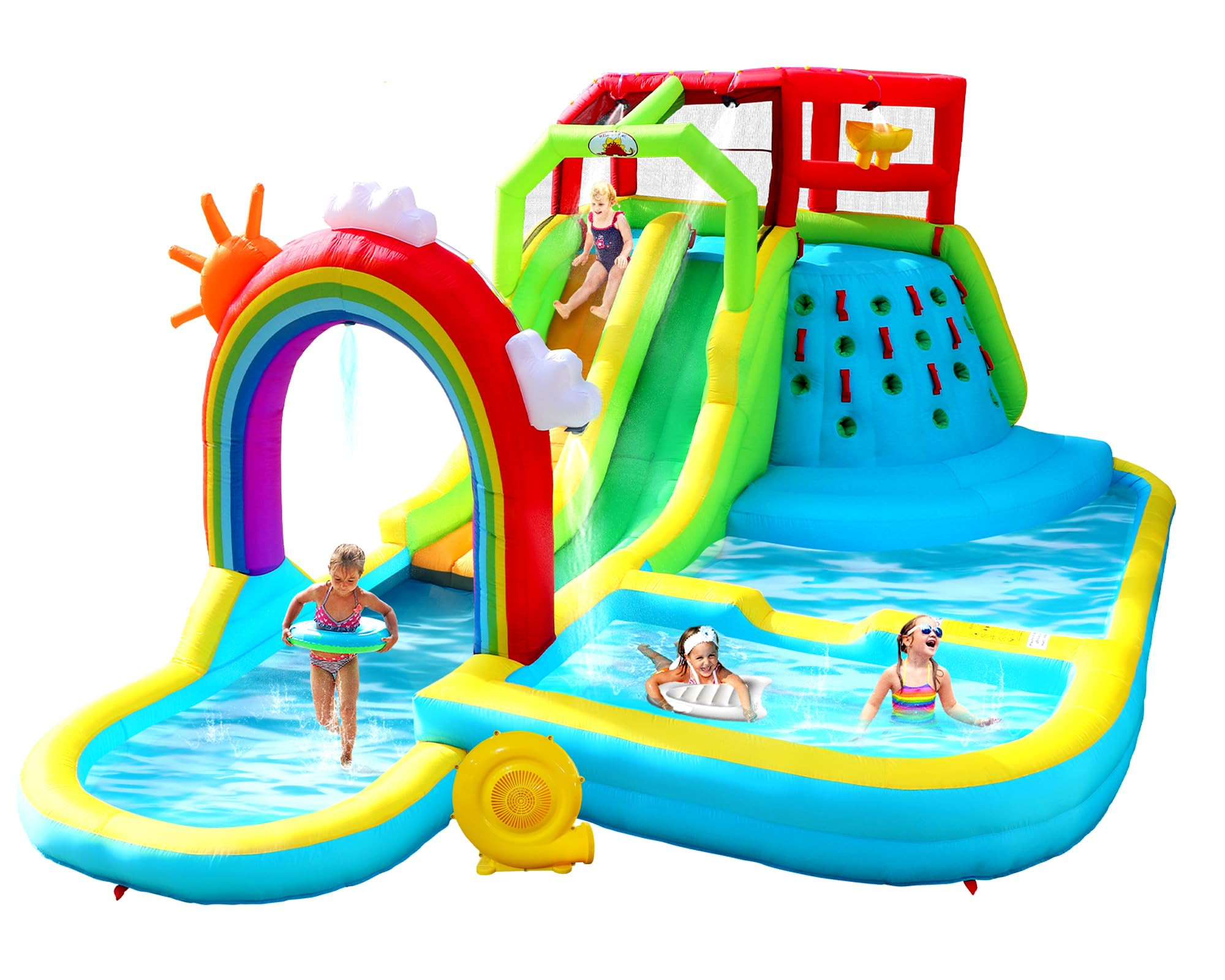 Inflatable Water Double Slides Park with Blower, Bouncy Castle with Rainbow Water Curtain, with S... | Amazon (US)