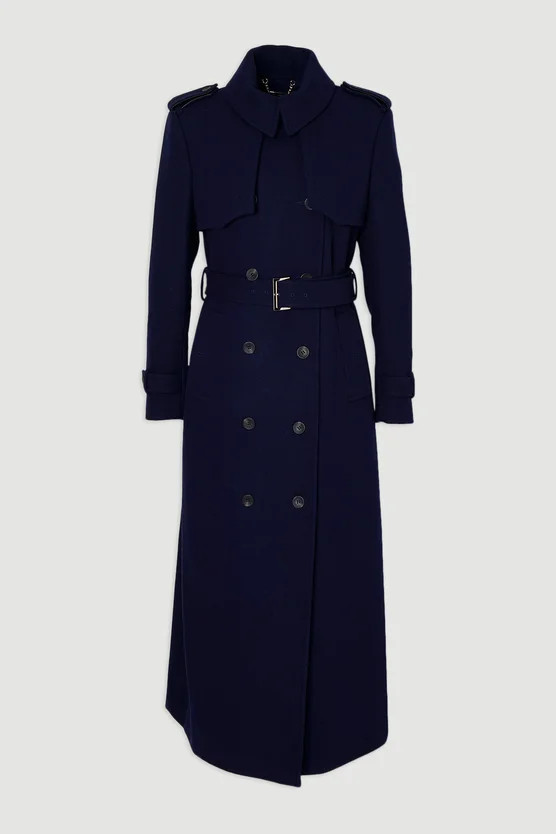 Wool Pu Mix Tailored Belted Trench Maxi Coat | Karen Millen UK + IE + DE + NL
