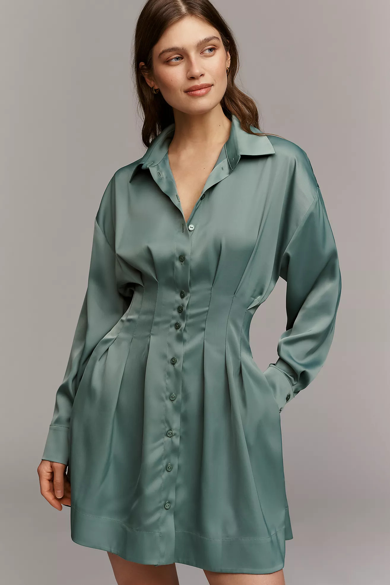 Tobie Long-Sleeve Satin Mini Shirt Dress by Exquise | Anthropologie (US)