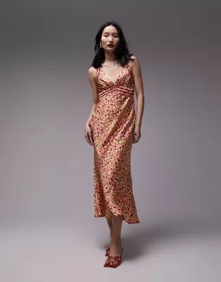 Topshop satin slip dress with lace insert in orange print | ASOS | ASOS (Global)