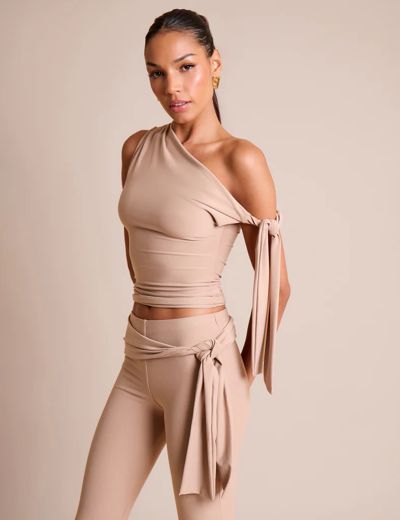 Knot Detail Asymmetric One Shoulder Luxe Slinky Top Stone | Public Desire