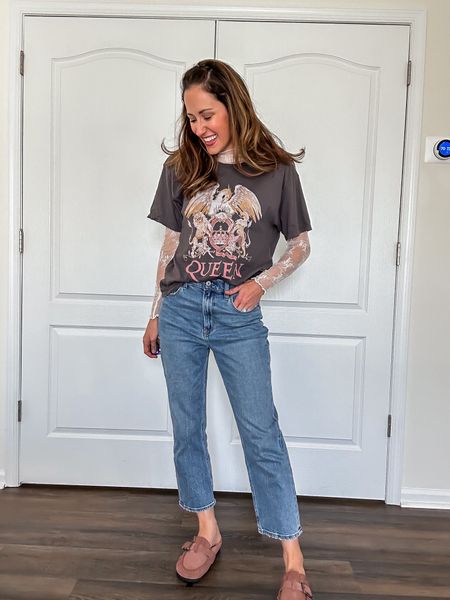Casual spring outfit - graphic t shirt layered over sheer white lace shirt 

Graphic tee // band tee // lacy layering top // Abercrombie ankle straight denim // straight leg jeans 

#LTKSeasonal #LTKstyletip #LTKfindsunder100