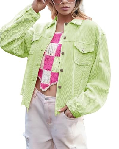 LCRRRN Womens Cropped Corduroy Jacket 2025 Casual Fall Button Down Shacket Coat Fringe with Frayed Hem (Neon Green, S) | Amazon (US)