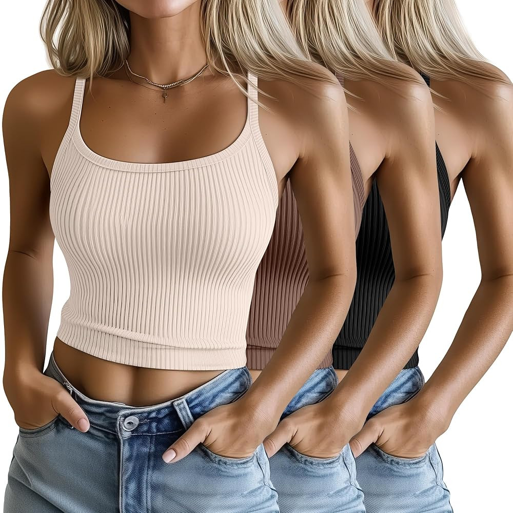 Ficerd 3 Pack Women's Spaghetti Strap Ribbed Tank Tops Scoop Neck Cotton Crop Camisole Slim Fitte... | Amazon (US)