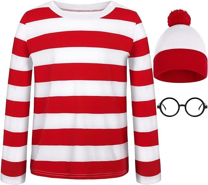 URATOT Kid's Halloween Costume Set Red and White Striped T-Shirt Beanie Hat Nerd Glasses | Amazon (US)