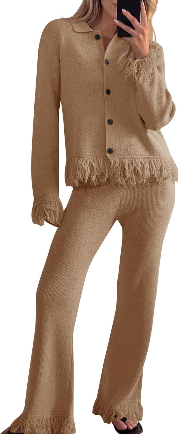 Saodimallsu Womens Fringe Button Up Sweater Sets 2 Piece Vacation Outfits | Amazon (US)