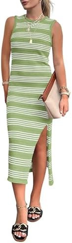PRETTYGARDEN Women's Summer Bodycon Sundresses Casual Midi Sleeveless Hollow Out Knit Side Slit S... | Amazon (US)