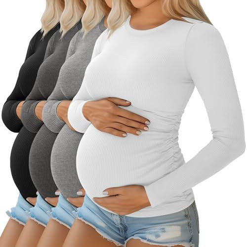 Ficerd 4 Pack Women's Maternity Shirts Cotton Long Sleeve Ribbed Crew Neck Pregnancy Tops Side Ruched Casual Mama Clothes(Black, Dark Heather Gray, Light Heather Gray, White,Small) | Amazon (US)