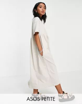 ASOS DESIGN Petite oversized midi smock dress in stone | ASOS (Global)
