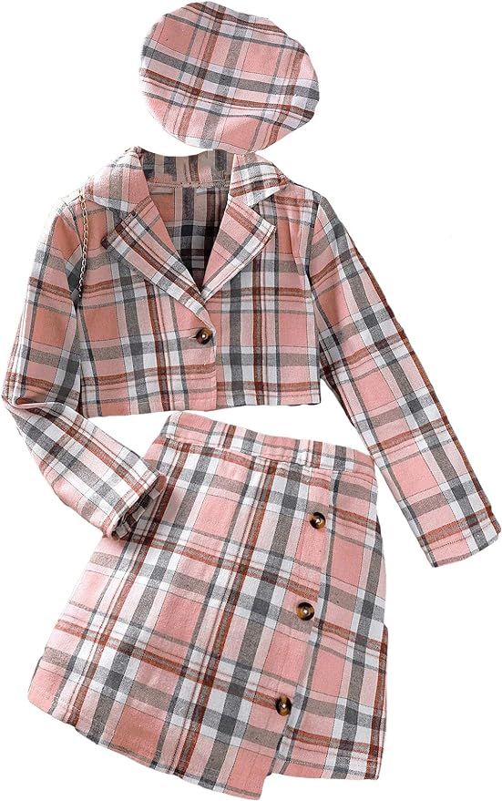 WDIRARA Girl's 3 Pieces Outfit Plaid Button Front Crop Jacket with Wrap Hem Skirt and Hat | Amazon (US)