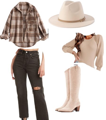 Amazon outfit idea! Plaid shacket, cropped black flare jeans, long sleeve bodysuit, felt hat, knee high boots 