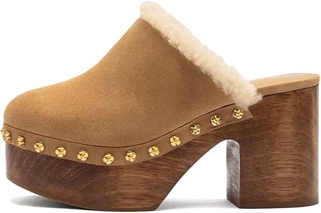 Women Closed Round Toe Studded Platform Mule Slip on Cork Chunky Block High Heel Clogs Comfy Fash... | Amazon (US)