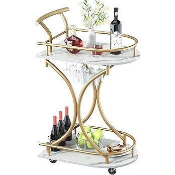 Bar Cart with Wheels Handle Rolling Home Bar Serving Carts 2 Tier Curved Anti-Collision Storage S... | Amazon (US)