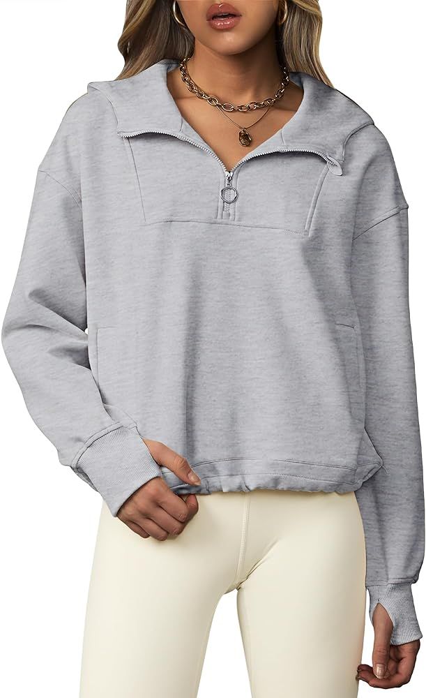 SILKWORLD Womens Hoodie Quarter Zip Pullover Long Sleeve Sweatshirts Cropped Sweaters with Pocket... | Amazon (US)
