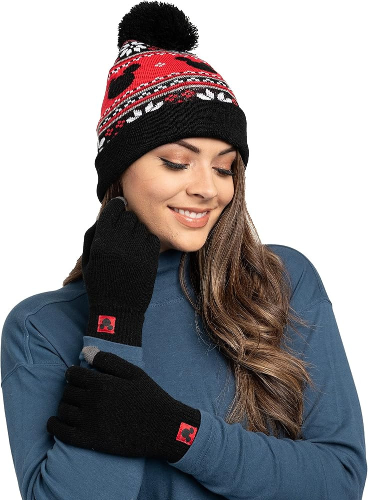 Disney Adult Knit Beanie Hat and Texting Glove Set Mickey Minnie Skellington | Amazon (US)