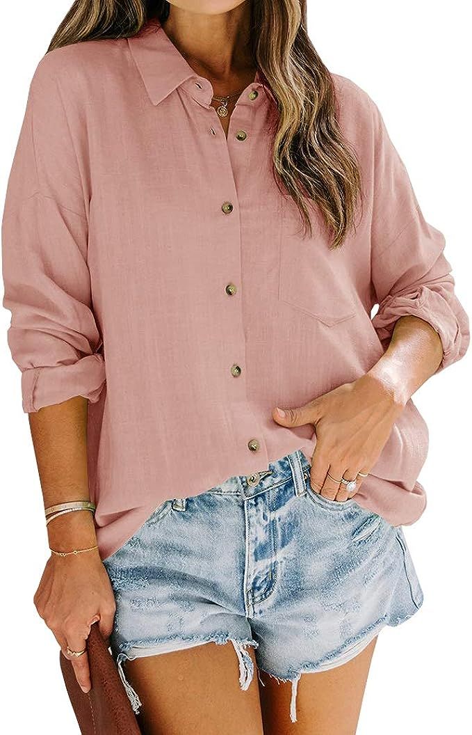 Womens Button Down Work Shirts Fall Long Sleeve Slub Cotton Casual Collared Business Blouse Tops | Amazon (US)