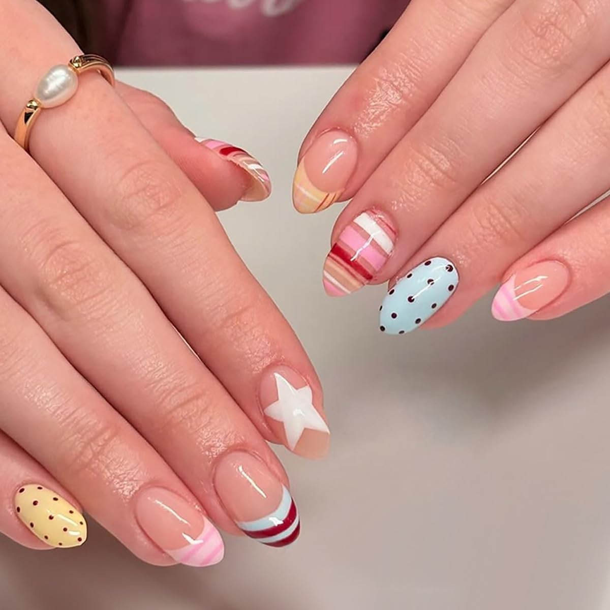 Almond Fake Nails Short - Cute Pastel Star Polka Dot Summer Nails | Mixed Star Stripe Polka Dot D... | Amazon (US)