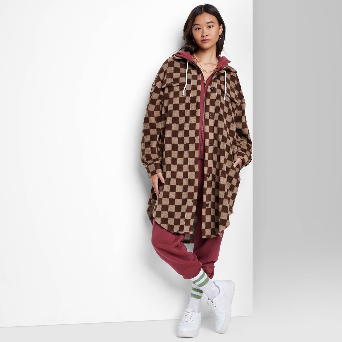 Women's Ascot + Hart Checkered Fleece Graphic Shacket - Brown | Target