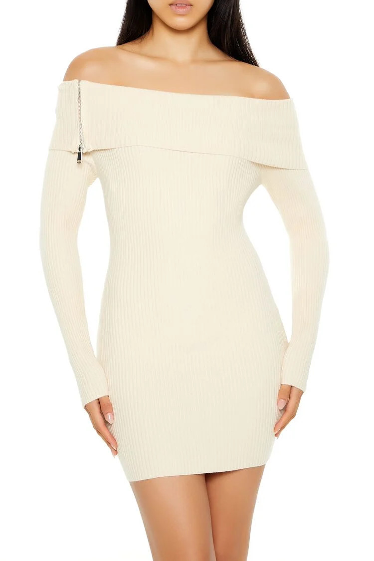 Women's Off-the-Shoulder Mini Sweater Dress in Cream Medium | Forever 21