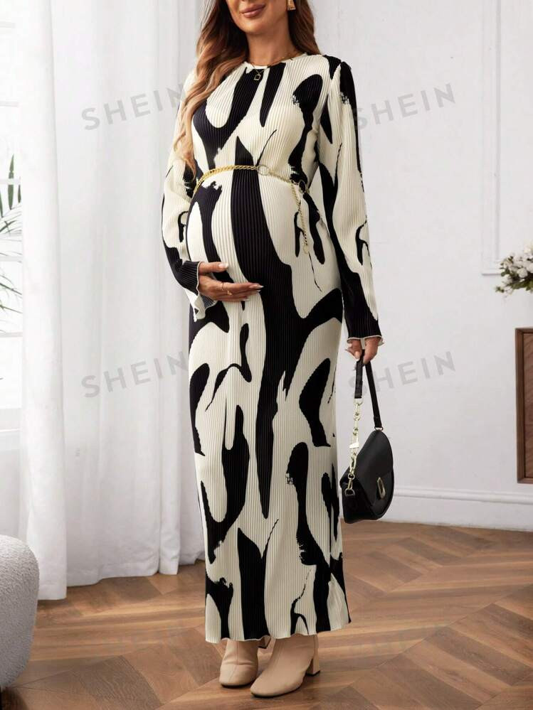 SHEIN Maternity Tall Graphic Print Bodycon Long Sleeve, Dress With Belt | SHEIN