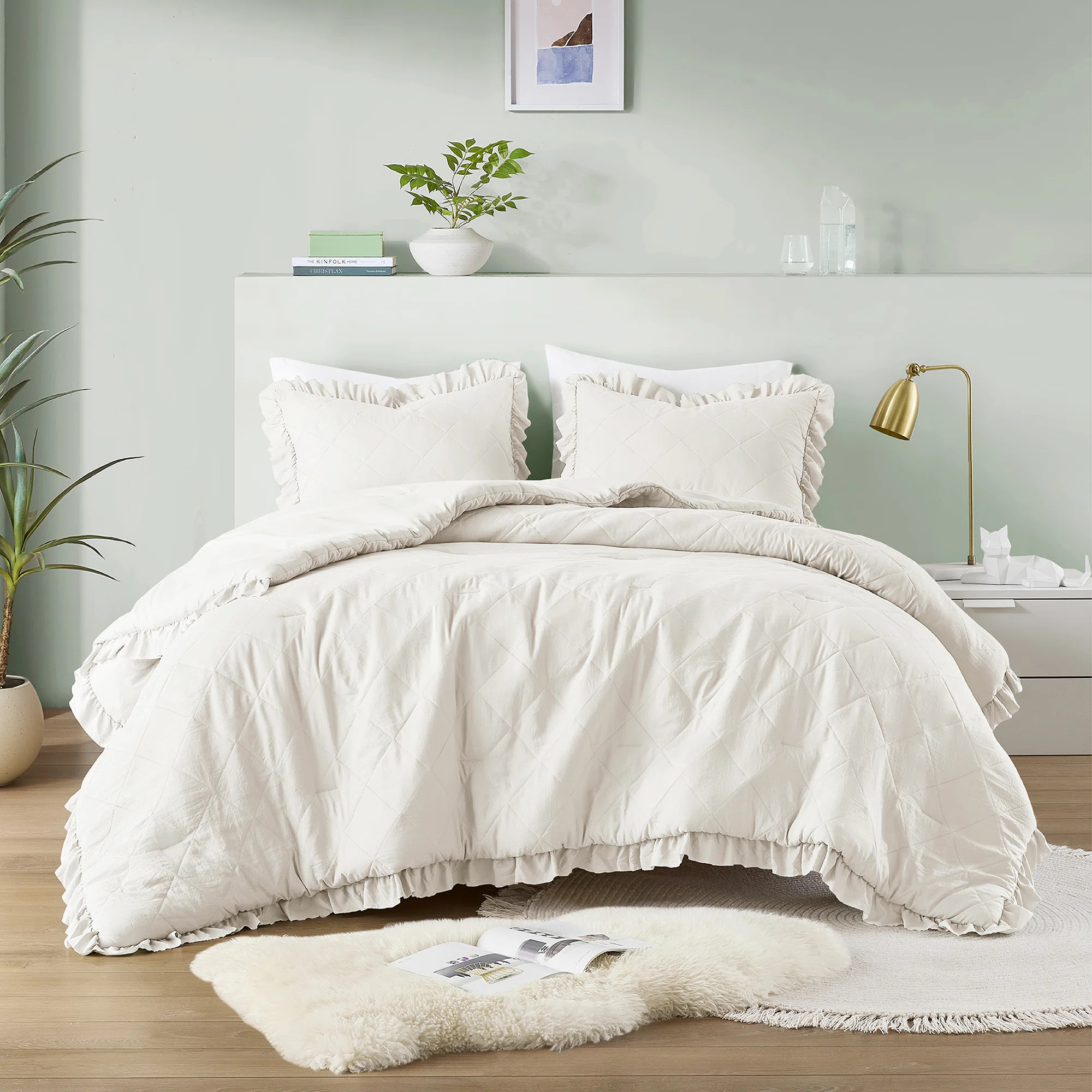 Phoebe Diamond Quilted Ruffle Edge Comforter Set | Wayfair North America