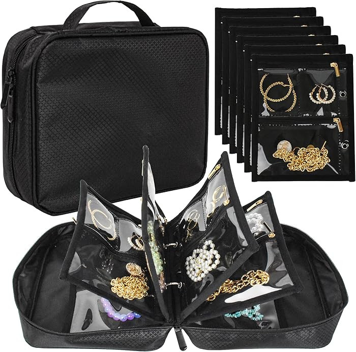 Travel Jewelry Organizer Case,Jewelry Bags Jewelry Storage Book Binder with Clear Zipper Velvet P... | Amazon (US)