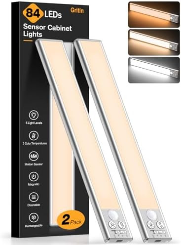 Gritin 10.2inch Under Cabinet Lighting Rechargeable 2 Pack- 3 Color Temps&5 Level Brightness, Sup... | Amazon (US)