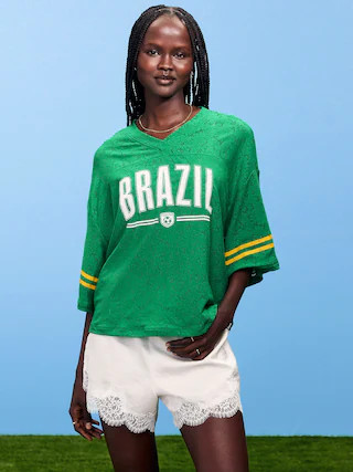 FIFA World Cup 26™ Brazil Boxy Lace V-Neck T-Shirt for Women | Old Navy (US)