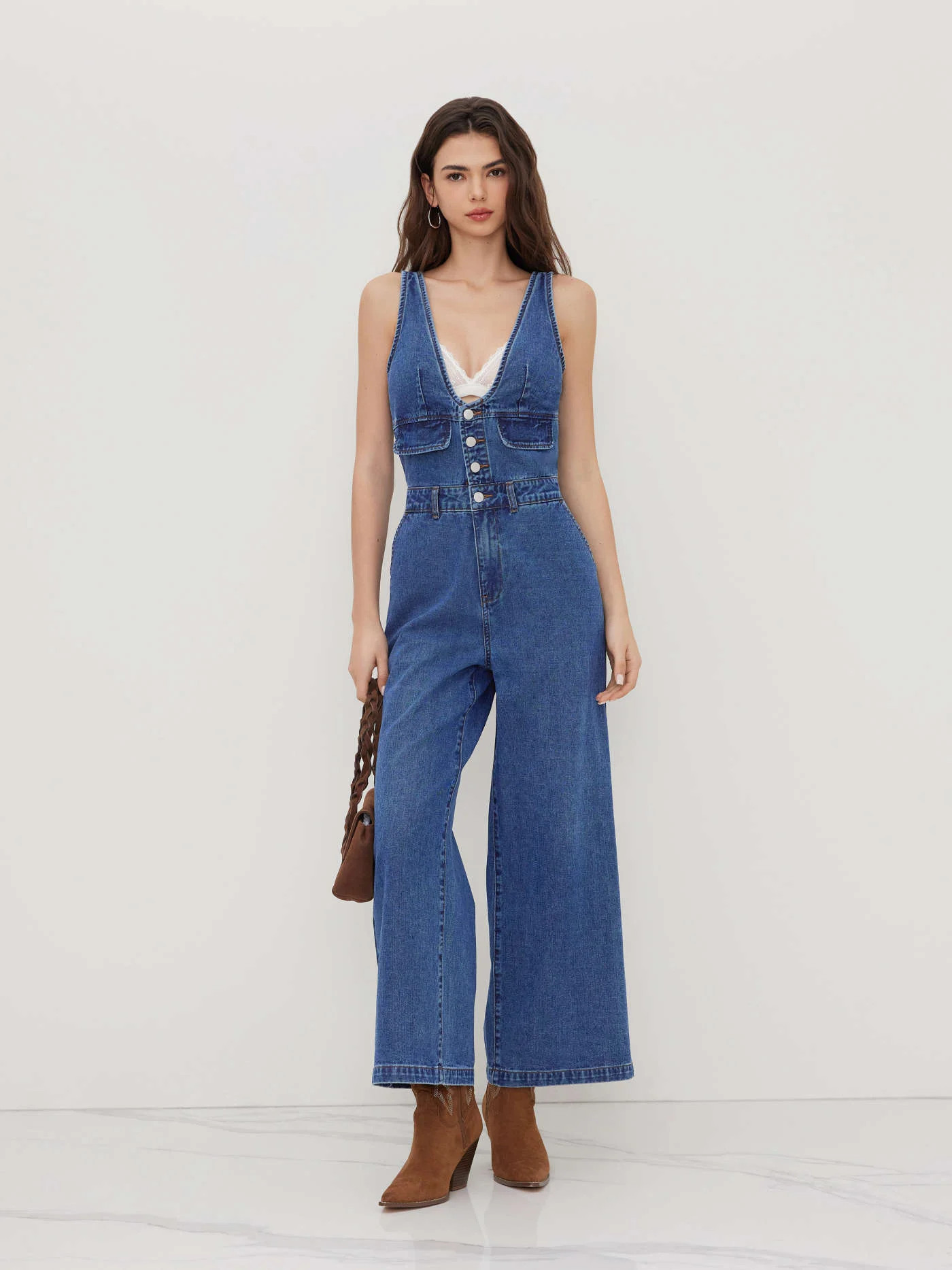 denim Denim Cider Denim V-neck Button Pocket Wide Leg Jumpsuit For Daily Casual | Cider